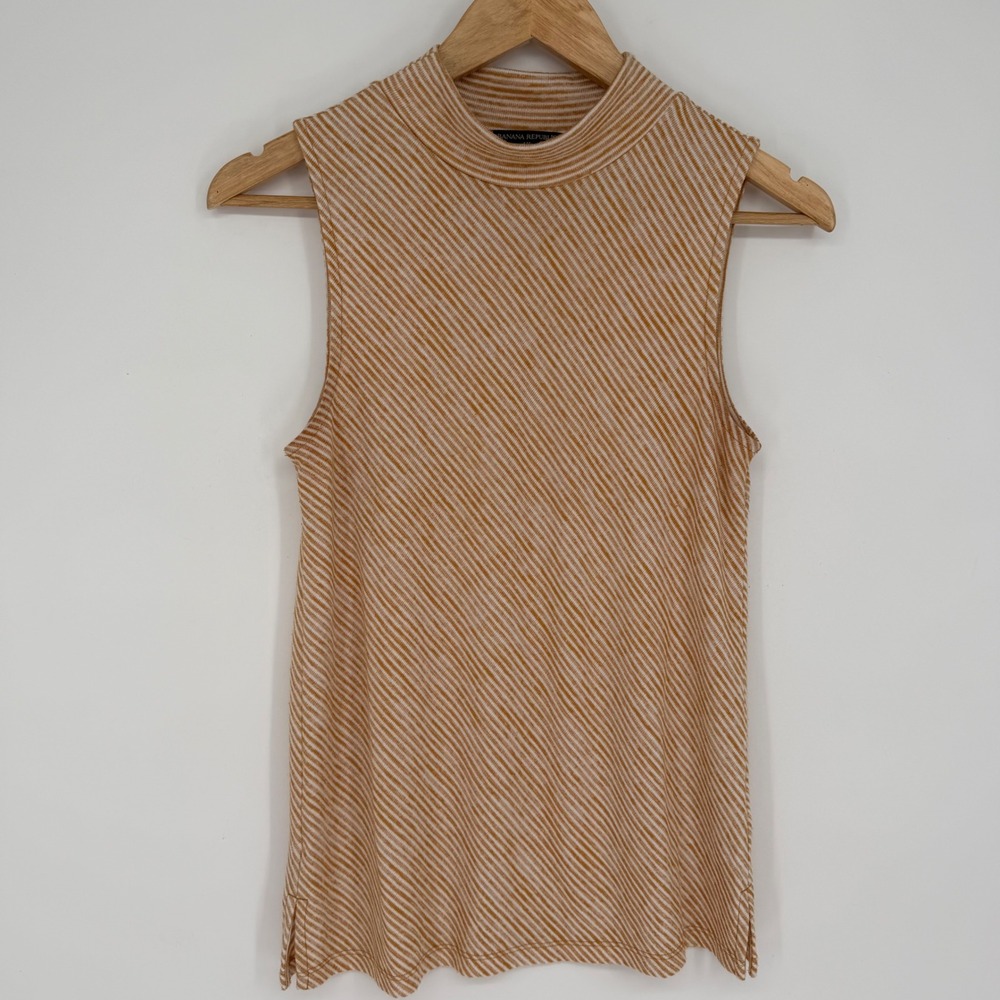 Banana Republic Womens XS Mustard Yellow Striped Mock Neck Sleeveless Ribbed Top